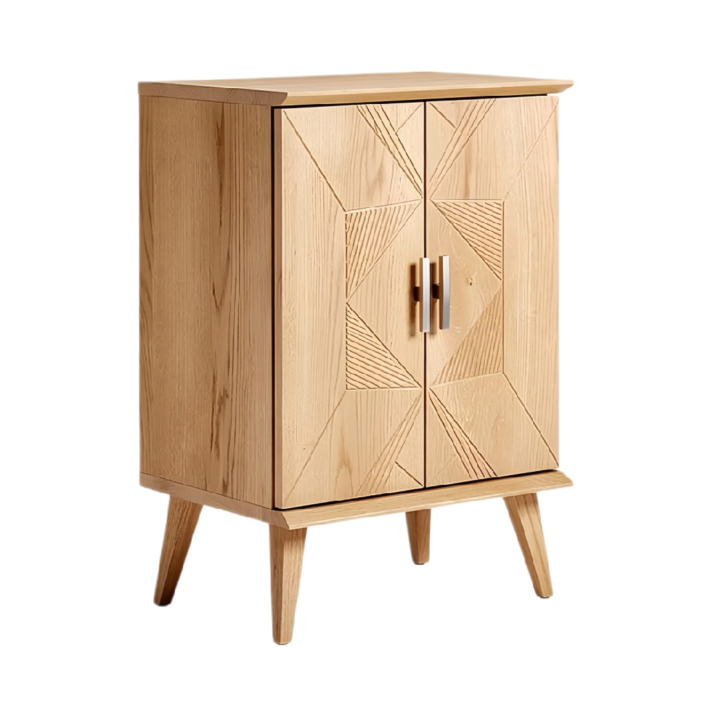 Esthetiek van een houten kast met geometrisch ontwerp en moderne poten